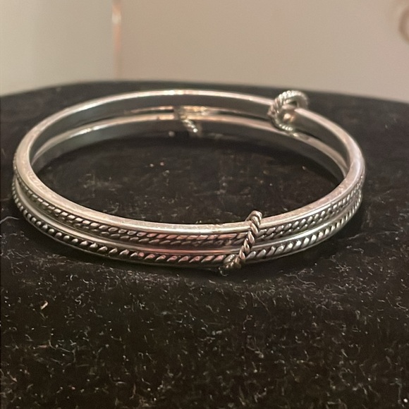 Two 8” silver tone double diamond etched bangle bracelets with 1” charms - Picture 7 of 14